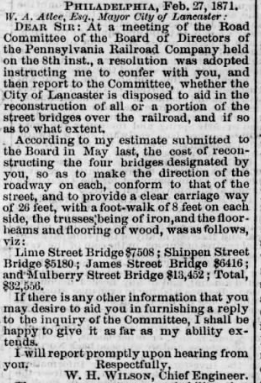 1871 Intelligencer clipping on railroad bridge